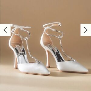 Badgley Mischka White Satin Pointed-Toe Crystal Ankle-Strap Heels